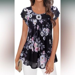 Furnex Women's Short Sleeve Tunic Shirt Pleated Mesh Blouses Summer Floral Tops